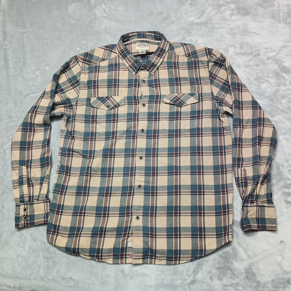 Quiksilver Waterman Shirt Mens XL Tan Plaid Button Down Flannel Surf Outdoors